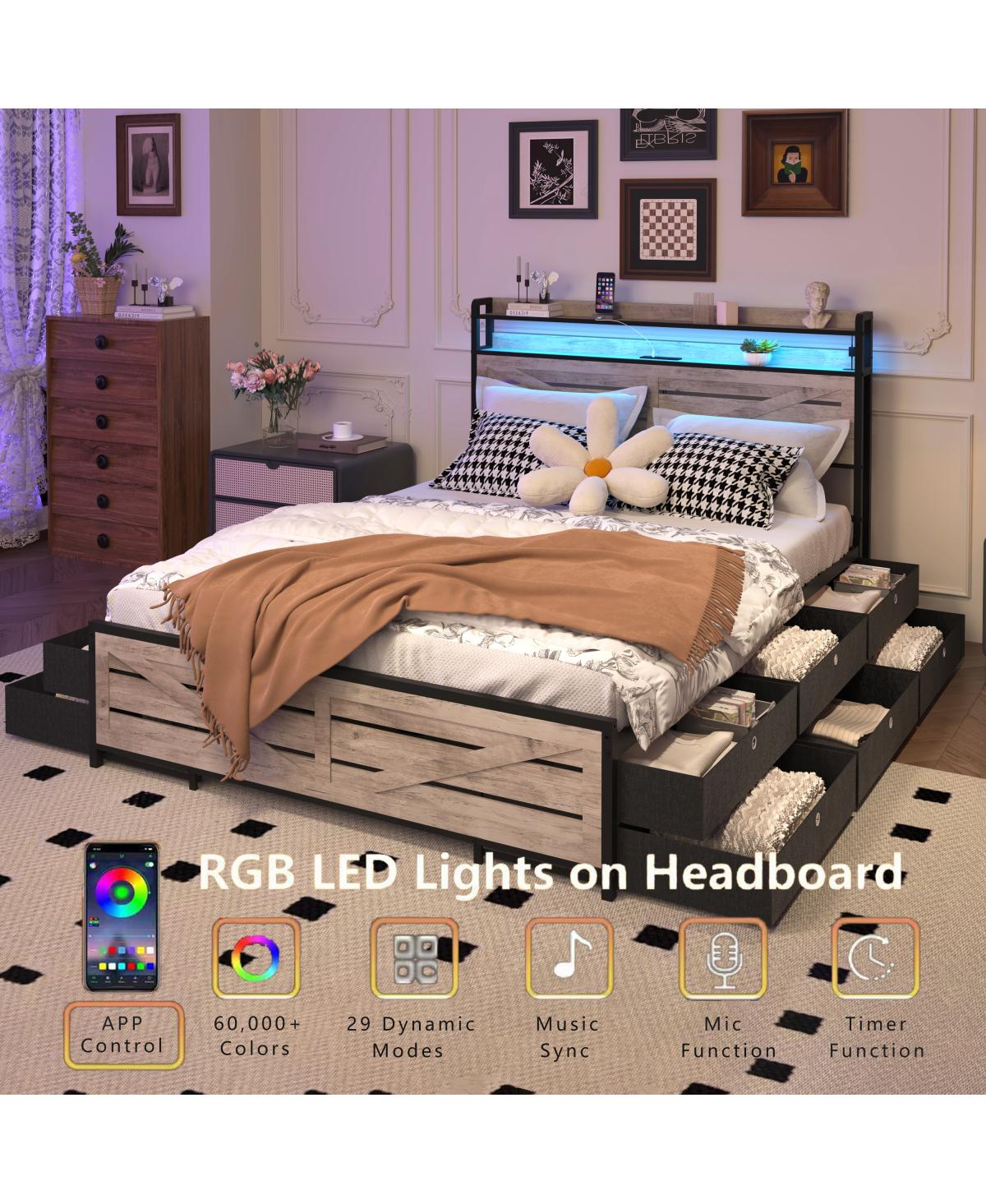Streamdale Queen-size bed frame with storage headboard, 12 drawers, Led lights