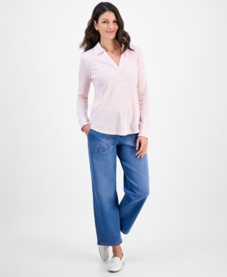 Women's Striped Waffle-Knit Collared Top
