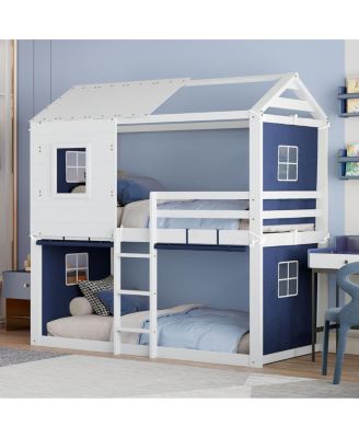 Twin Size Bunk Wood House Bed with Tent