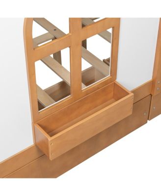 Streamdale Full Size House Bed with 2 Large Drawers, Side Bookshelf with LED Strip, Walnut