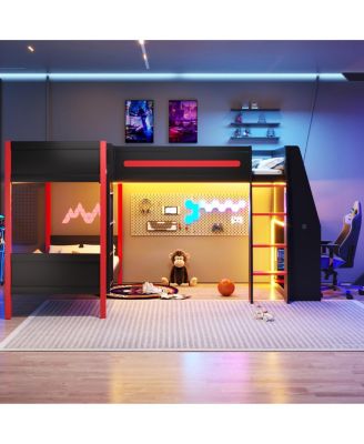  L-Shaped Gaming Loft Bunk Bed with Desk, Shelves & LED