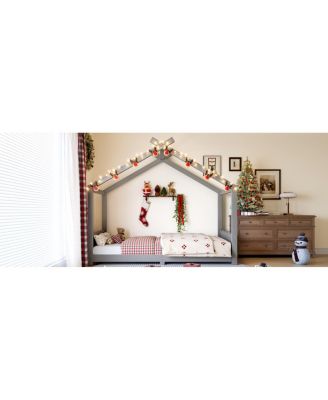 Twin House Floor Bed with Slats, Solid Wood House Bed Frame for Kids, Gray
