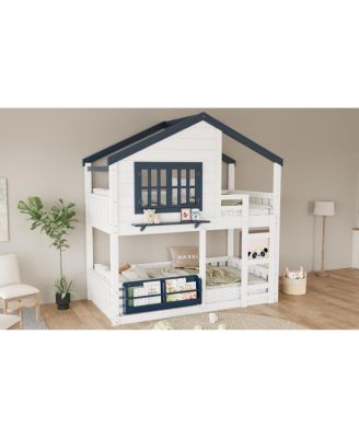 Twin Bunk/Loft Bed with Bookshelf, House Design, Safety Fencing, White & Blue