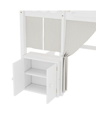  Full Loft Bed with Bookshelf, Curtain, Storage Shelf, Playful Design, White