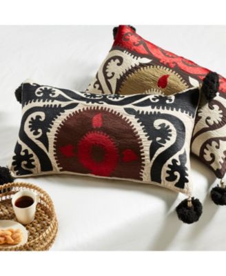 Suzani Embroidery Decorative Pillow Cover with Pom-Poms, Multicolor, 14" x 28"