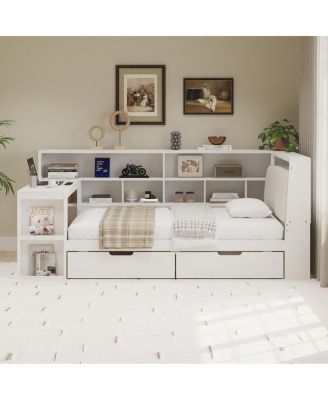 Twin L-shaped Wooden Daybed with Desk & Storage Bookcase, White