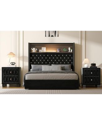 Full Size Velvet Tufted Bed Frame with USB