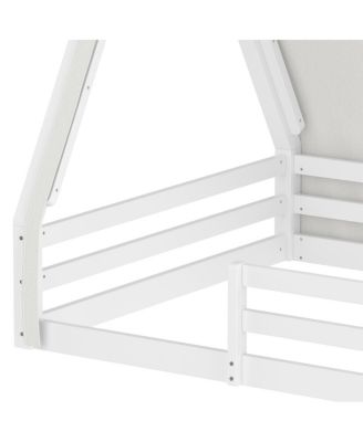 Full Size House Floor Bed with Tent and Light, Solid Wood Teepee Design