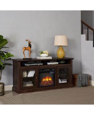 Contemporary Media Stand with 18" Fireplace Insert, Brown, 60"W