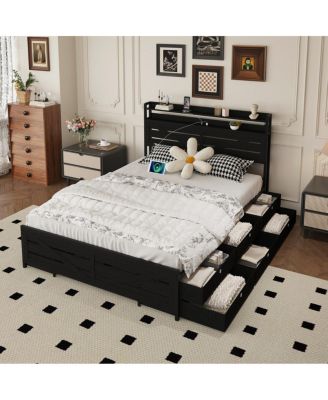Full-size bed frame with storage headboard, 12 drawers, LED lights