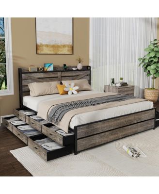 King bed frame with storage headboard and 12 drawers, metal platform foundation