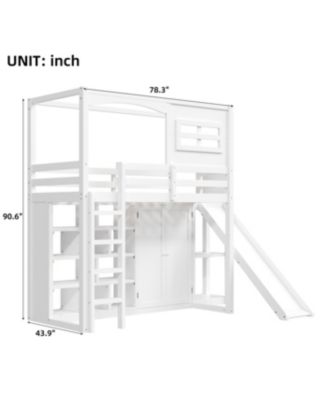 Wood Twin Size Loft Bed with Wardrobe, Storage Shelves, Slide and LED