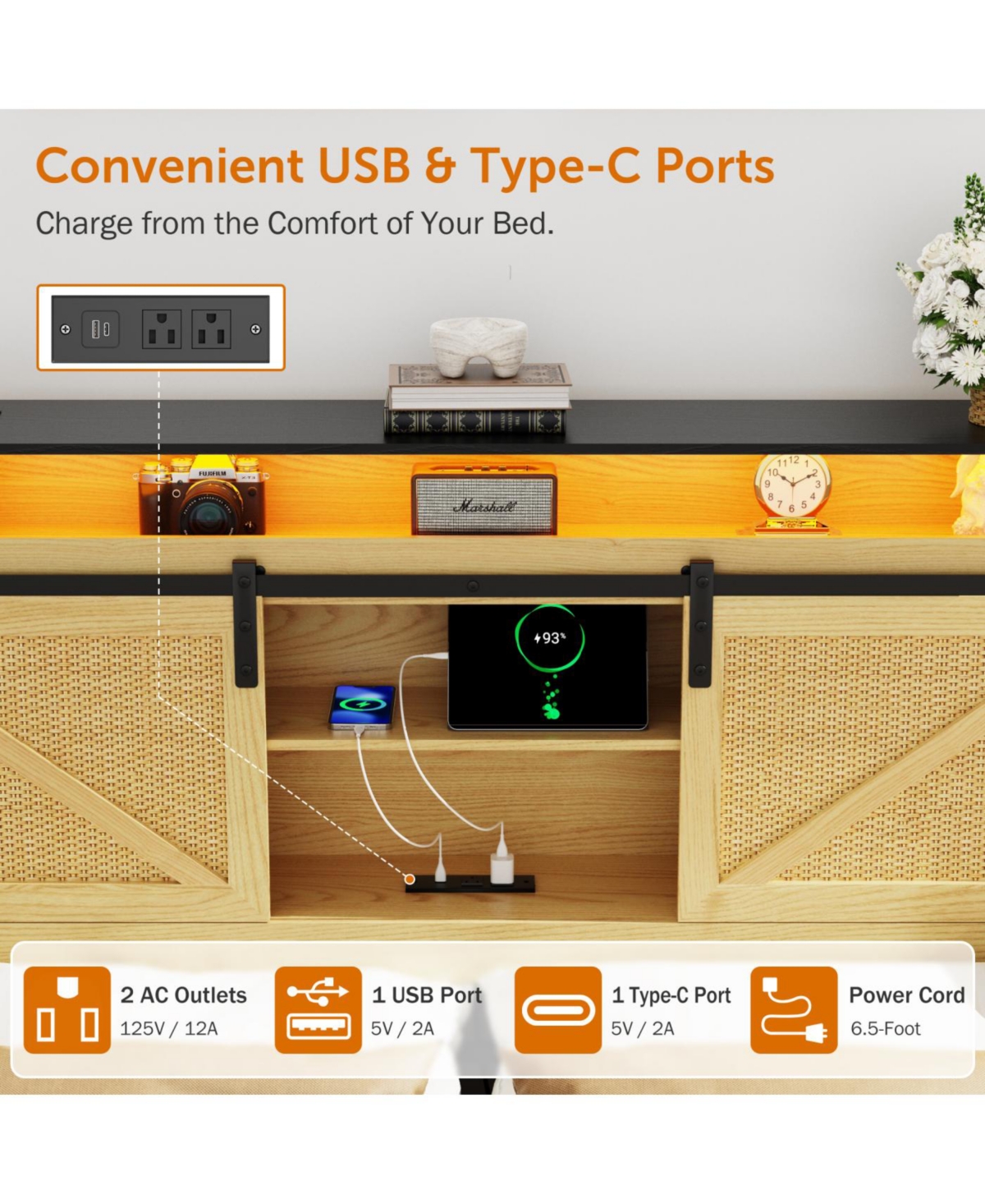 Streamdale Furniture Farmhouse Queen Storage Bed Frame with Headboard, Drawers, Charging & Led