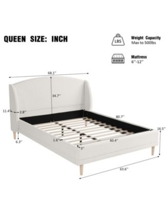  Queen Upholstered Platform Bed, Boucle Fabric, Wingback Headboard