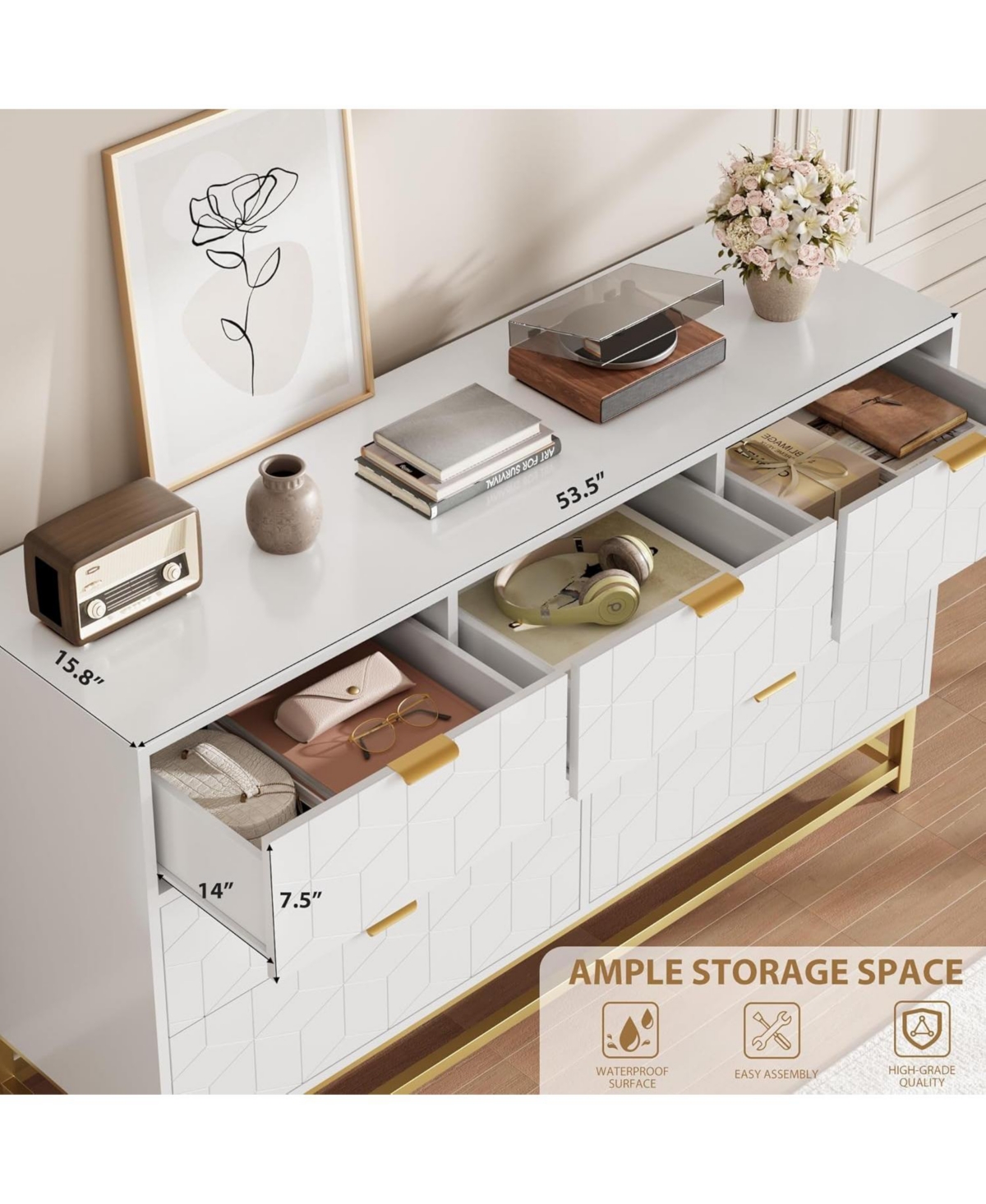 gaomon 7-Drawer Bedroom Dresser, 53.5" Wide Chest with Gold Handles & Legs, Modern Storage Organizer for Closet, Hallway, Living Room, Entryway