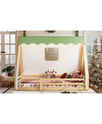 Full Size House Floor Bed with Tent and Light, Solid Wood Teepee Design