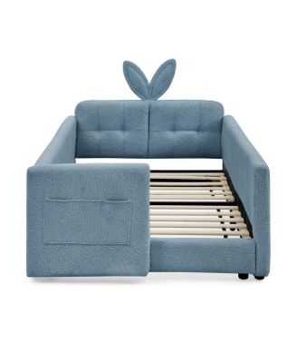 Twin Upholstered Platform Bed with Rabbit Ear Headboard & Safety Rail