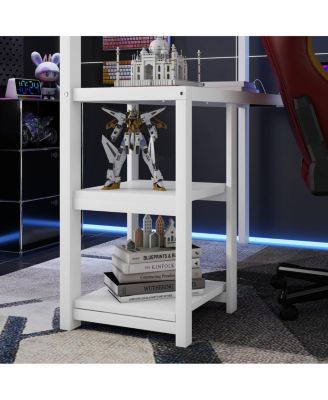 Metal Queen Loft Bed with Wardrobe, LED Light & L-Shaped Desk