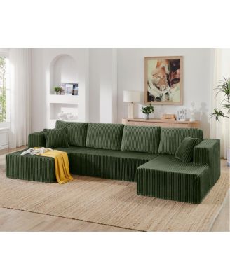  U-shape Modular Corduroy Sofa, Modern Minimalist Sleeper Couch - Green