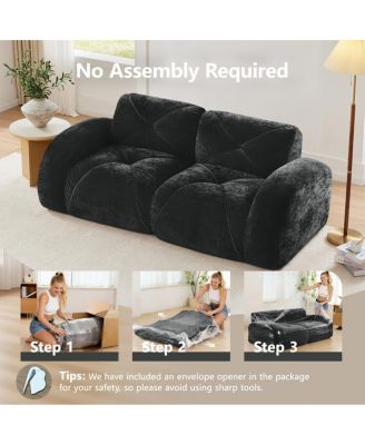  2-Seater Tufted Sofa Couch, Velvet Fabric, No Assembly, Black