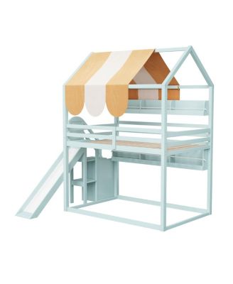 Full Size house Bed with Canopy, Slide & Built-In Bookshelves