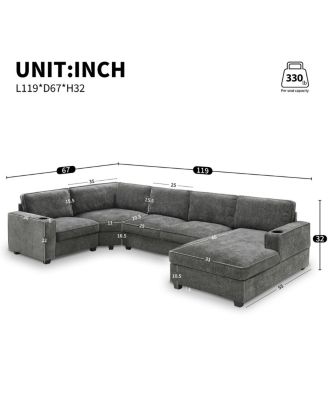 U-Shaped Sectional Sofa, 6 Seat Chenille Corner Couch with Cup Holders & Chaise