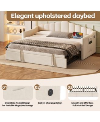 Upholstered Twin Daybed with Pop Up Trundle & USB Charging