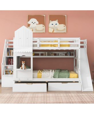 Full-Over-Full Castle Style Bunk Bed with 2 Drawers 3 Shelves and Slide