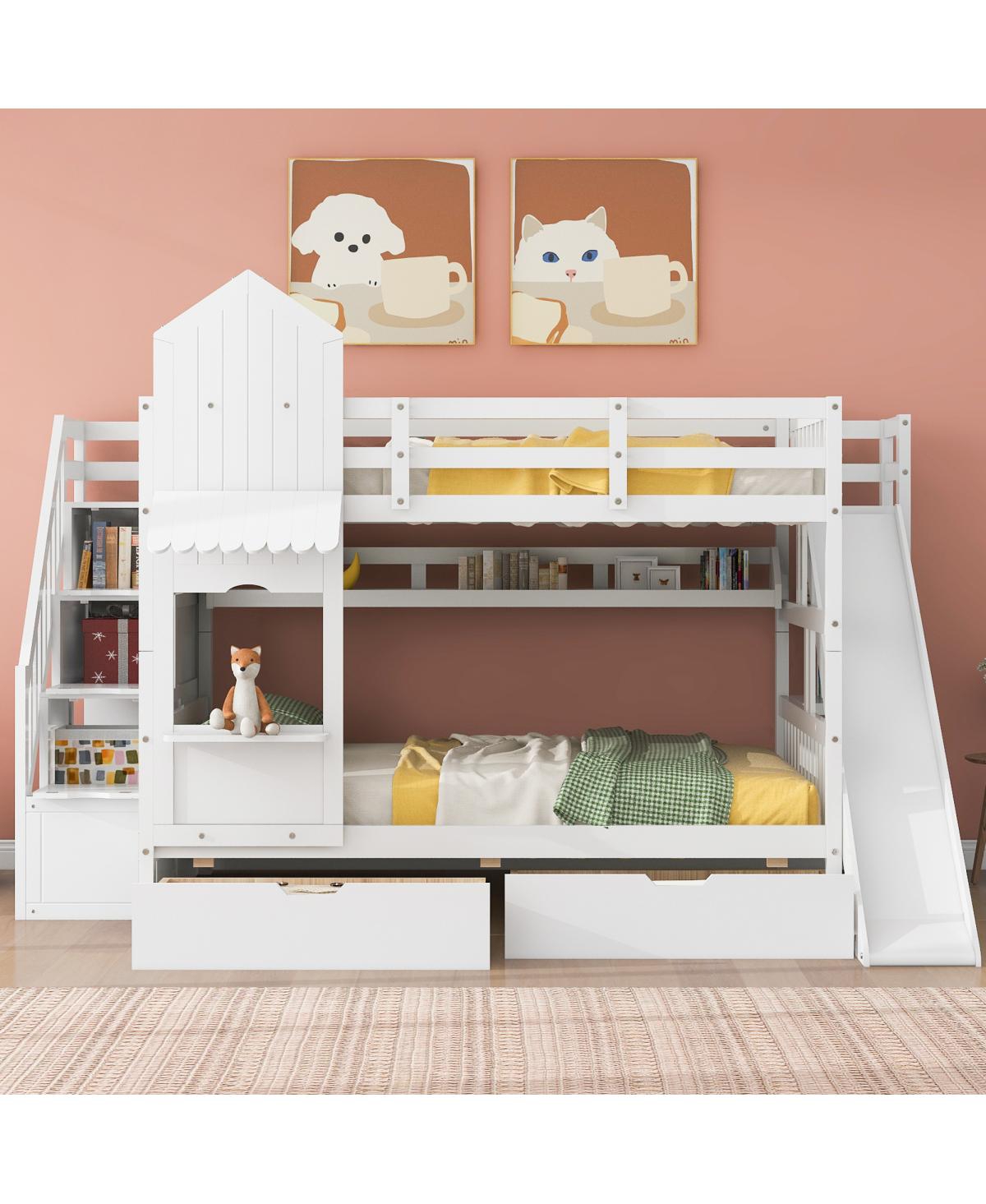 Streamdale Furniture Full-Over-Full Castle Style Bunk Bed with 2 Drawers 3 Shelves and Slide