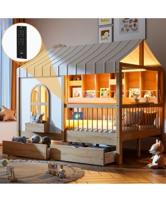 Full Size House Bed with 2 Large Drawers, Side Bookshelf with LED Strip, Natural