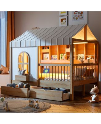 Full Size House Bed with 2 Large Drawers, Side Bookshelf with LED Strip, Natural