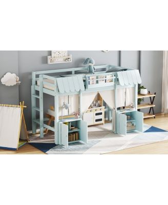 Streamdale Twin Loft Bed with Bookshelf, Curtain, Storage, Playful Design, Blue
