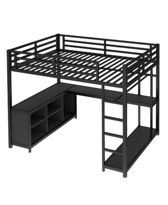 Metal Loft Bed with Wardrobe & L-shaped Desk, Queen Size