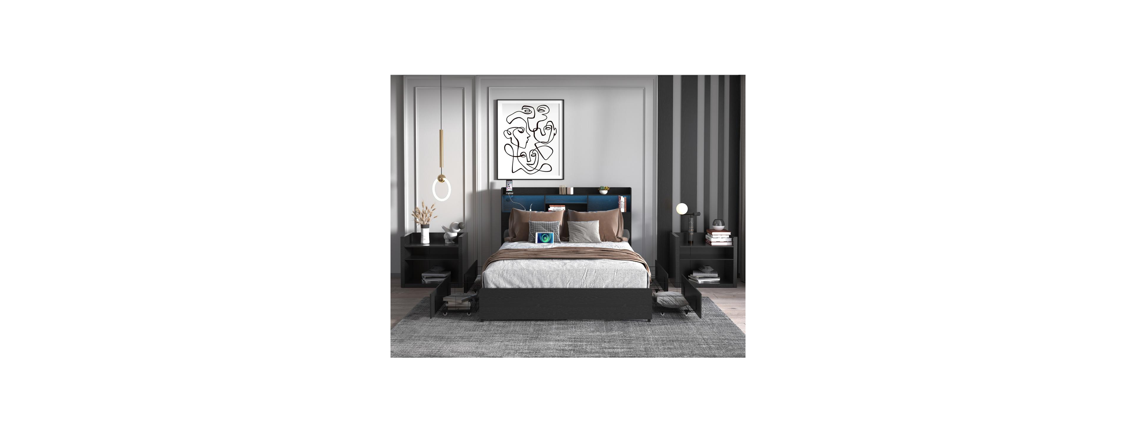 Streamdale Furniture Streamdale Queen Bed Frame with 4 Storage Drawers, Headboard, Led & Charging Station
