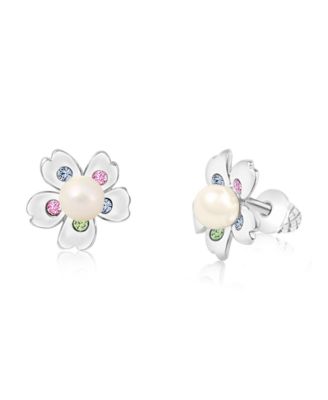 Girls /Girl/Flower White Pearl Crystal White Gold Palladium Plating Screwstud Earring