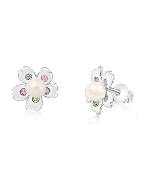 Детские серьги Chanteur /Girl/Flower White Pearl Crystal White Gold Palladium Plating Screwstud, цвет: Серебряный