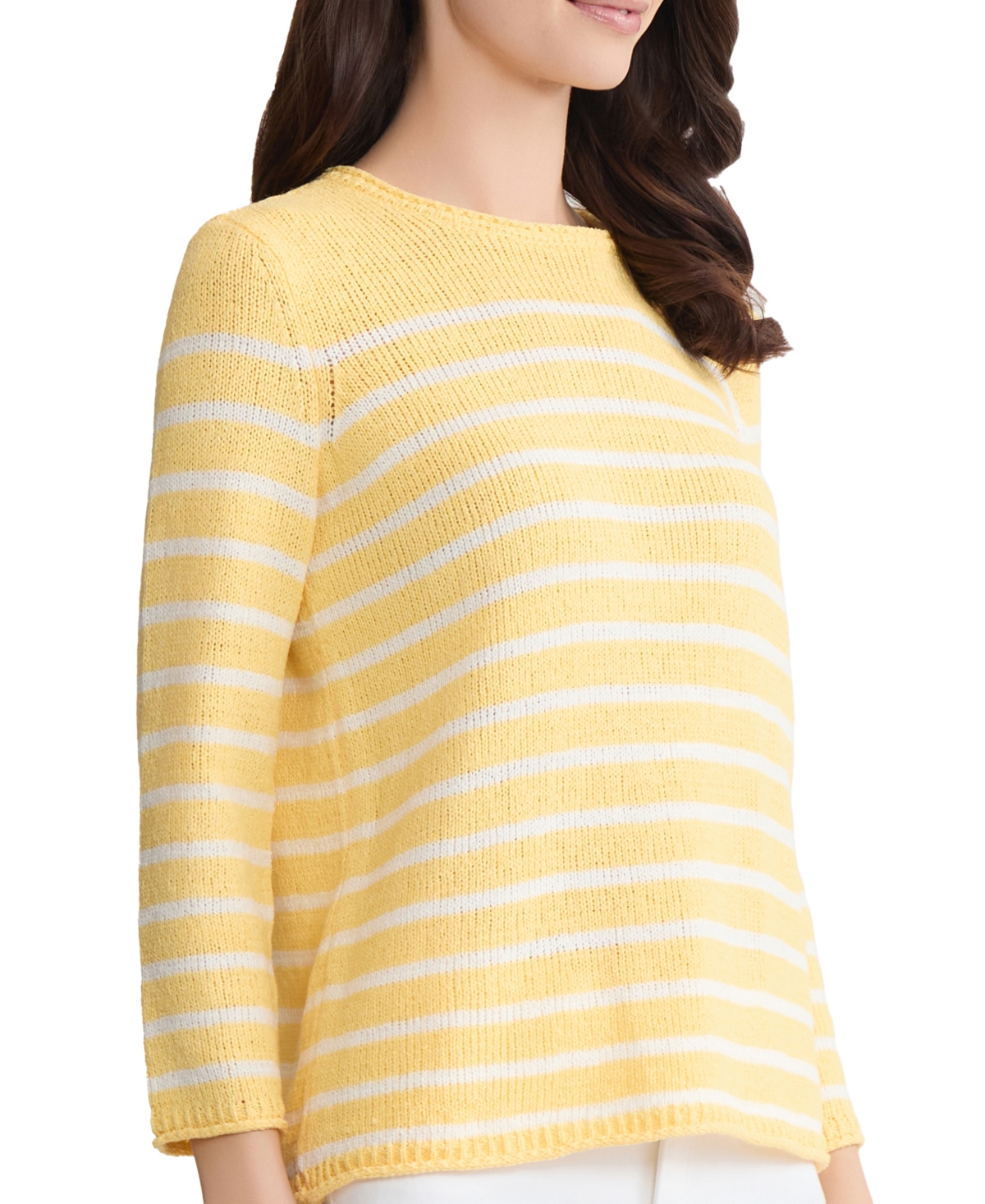 Jones New York Petite Striped Open Crewneck Sweater