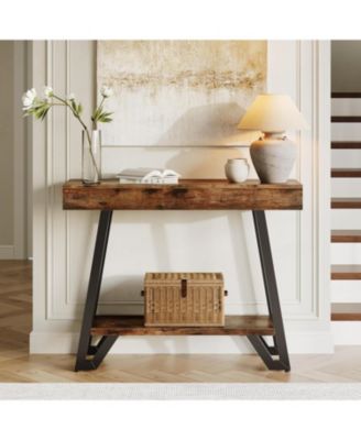 41-Inch Console Table with Geometric Metal Frame, 2-Tier Entryway Tables with Storage Shelves, Industrial Hallway Sofa Table