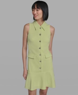 Women's Flower-Button Collared Sleeveless Shift Dress