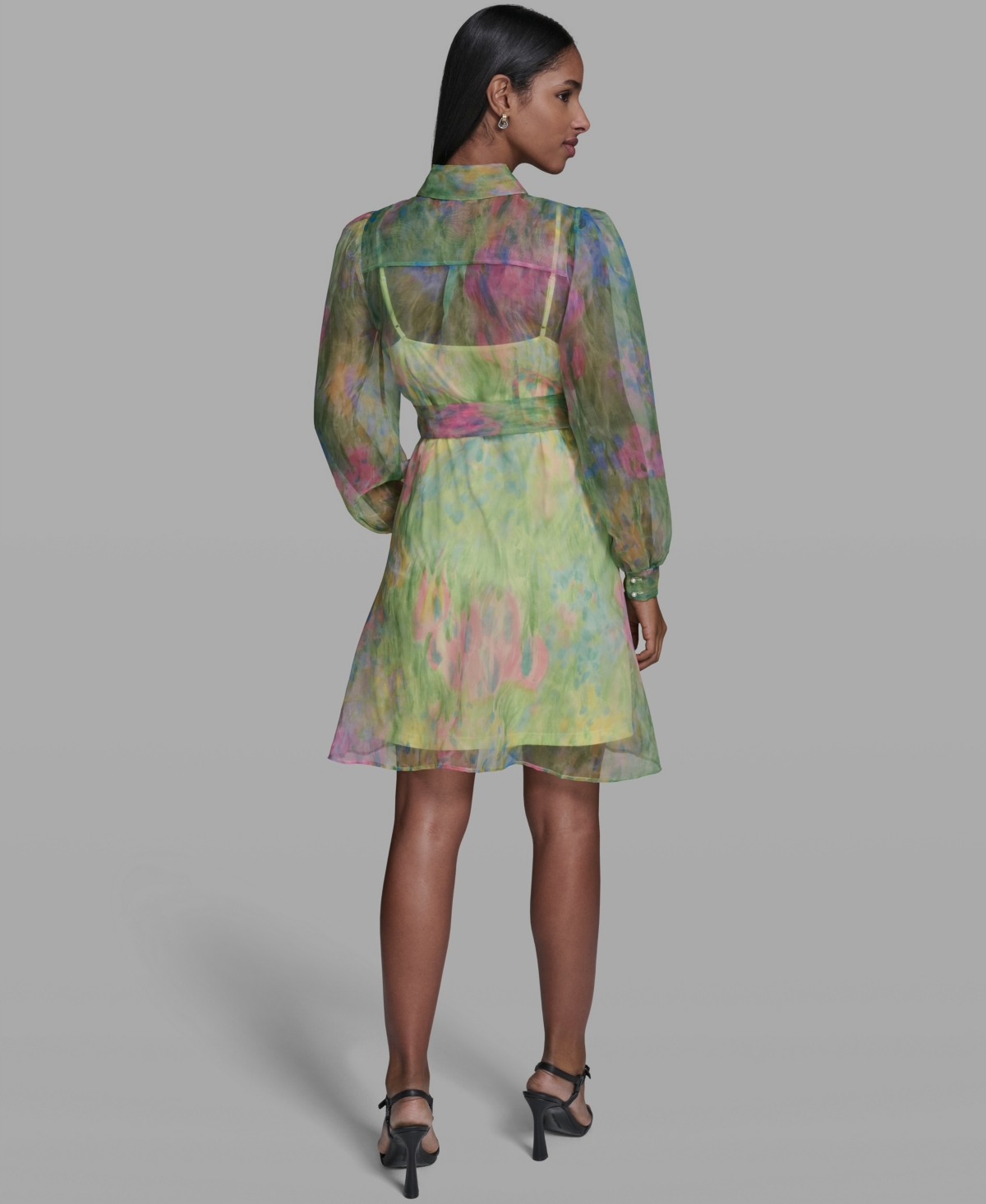 Karl Lagerfeld Paris Women's Printed Puff-Sleeve Collared Dress