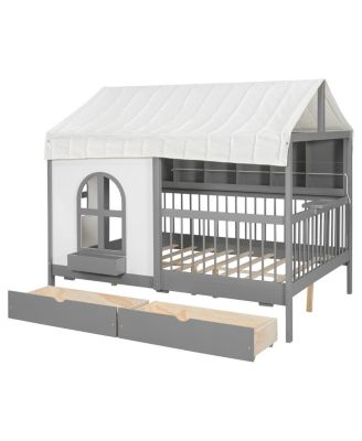 Full Size House Bed with 2 Large Drawers, Side Bookshelf with LED Strip