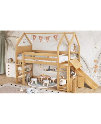 Twin Loft Bed with Bookshelf, Slide, and Playful House Design for Kids