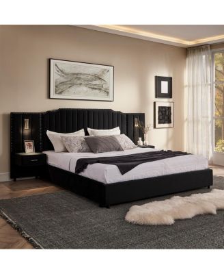 King Size Upholstered Bed Frame with Vertical Stripes & Buttons - No Box Spring Needed