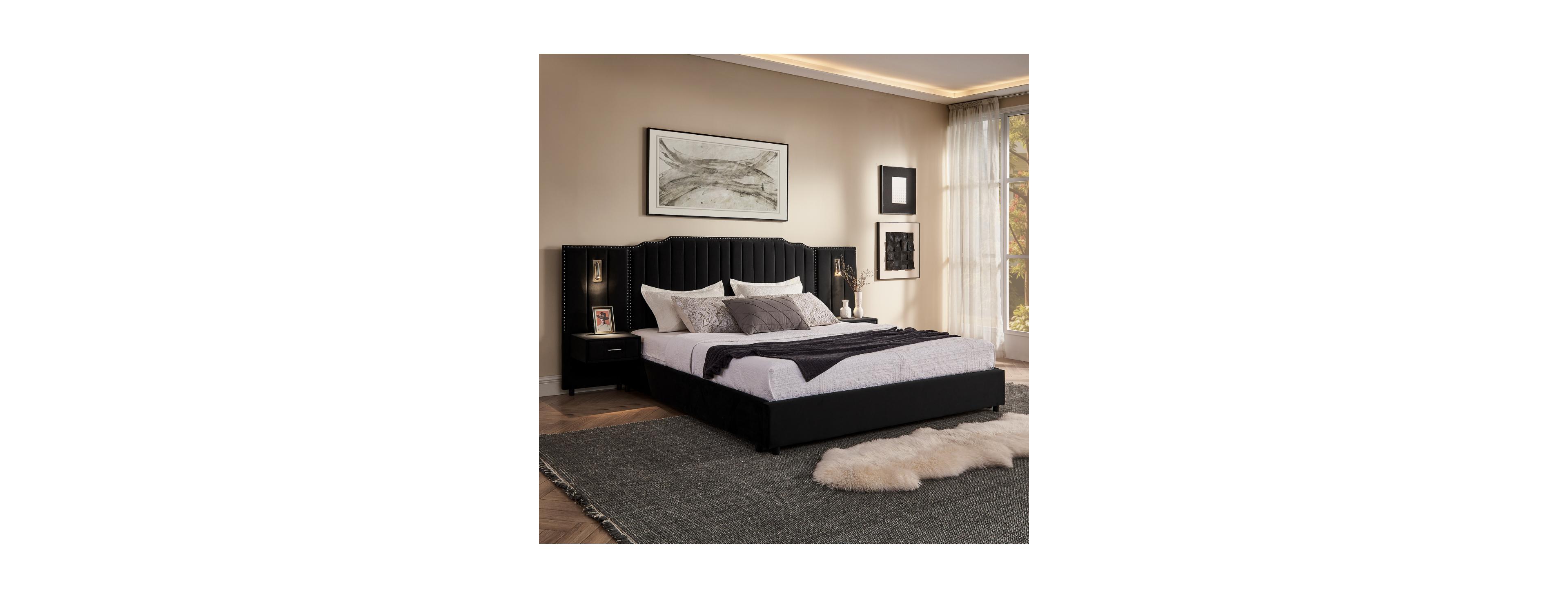 Streamdale Furniture King Size Upholstered Bed Frame with Vertical Stripes & Buttons - No Box Spring Needed