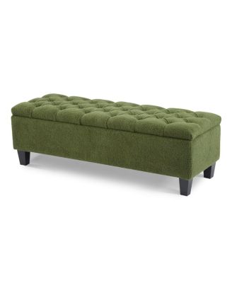 Ottoman Bench with Storage, Green Boucle, Rubber Wood Legs, 300 lbs Cap