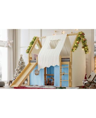 Full Size House Loft Bed with Sills, Tents, Lights, Slide