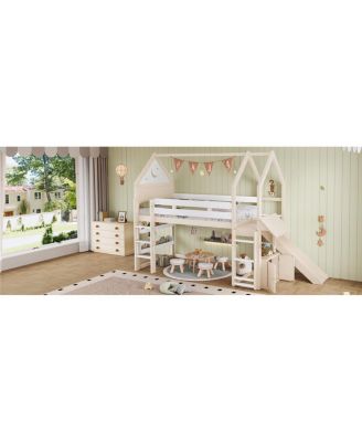 Twin Size Loft Bed with Bookshelf and Slide - Kids House-Shaped Design
