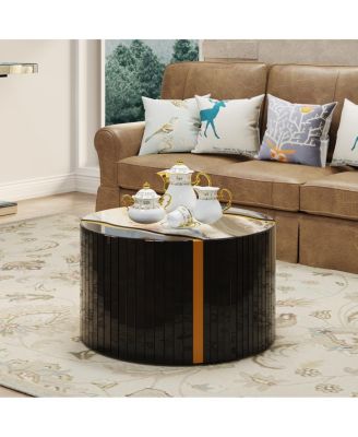 Black gold round mirror coffee table with marble pattern sticker side table