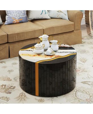 Black gold round mirror coffee table with marble pattern sticker side table