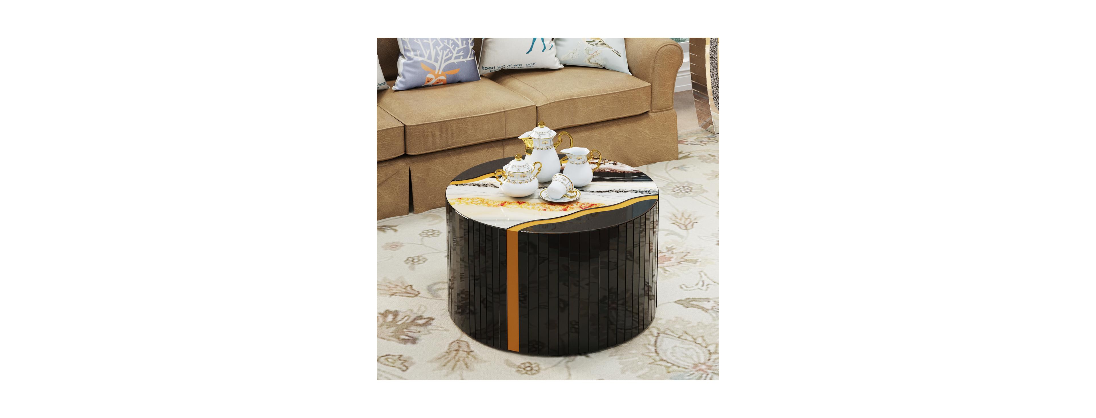Streamdale Furniture Black gold round mirror coffee table with marble pattern sticker side table
